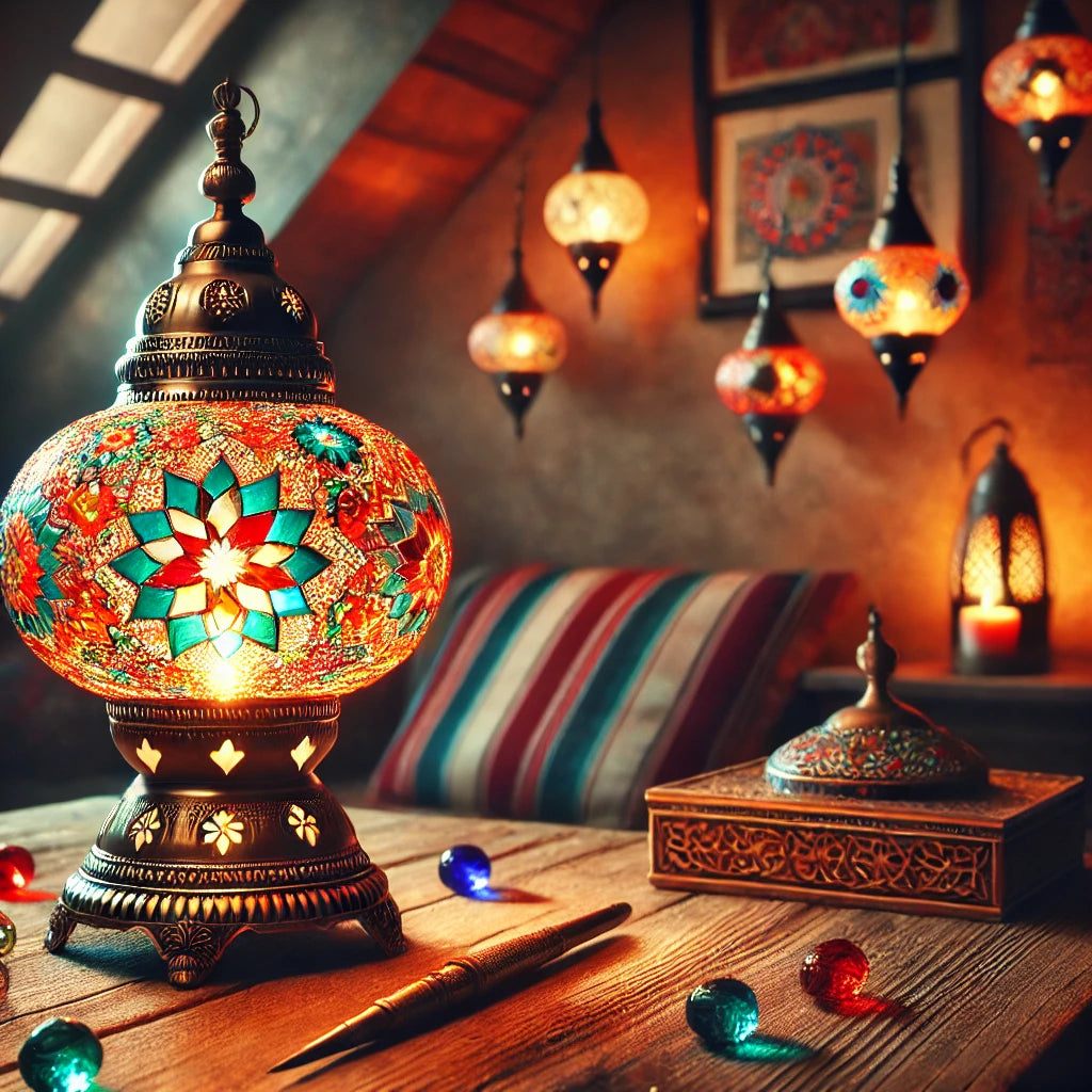 A traditional Turkish mosaic lamp with vibrant colors and intricate designs, glowing softly in a rustic, cozy setting. Reflecting the art and craftsmanship of Turkish lamp-making.